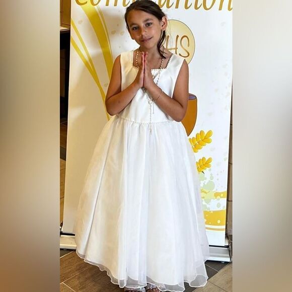 White Tulle Satin Bow Flower Girl Communion Dress - Picture 1 of 5